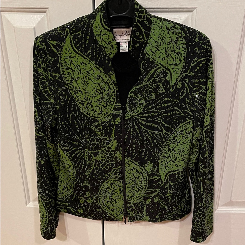 Joseph Ribkoff Green and Black Paisley Sequence Jacket.  Tank is size 10.